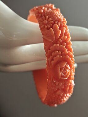 Vintage Floral Coral Orange Bangle Celluloid Bracelet